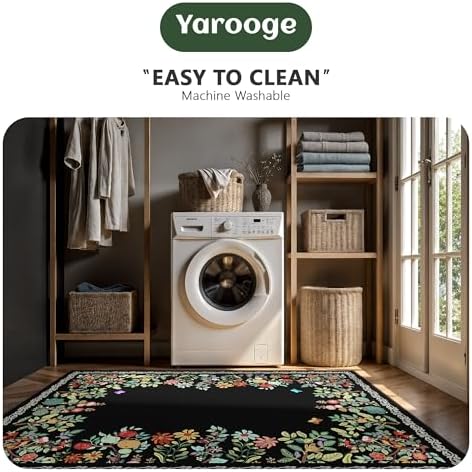 8x10 Area Rugs, Eco-Friendly Floral Washable Rug, Large Rugs for Living Room, Dining Room, Non-Slip Soft Durable Bedroom Rug（Black）