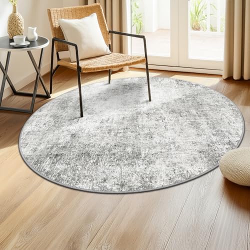 RELEANY Washable Round 4ft Area Rug for Living Room Gray White