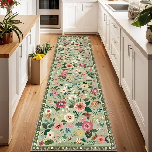 Floral Washable 2x8 Area Rugs Runner Entryway Hallway LightGreen