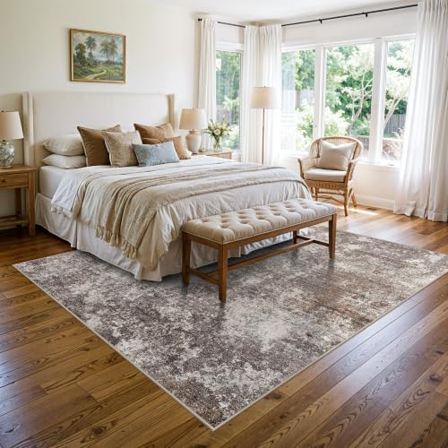 8x8 Square Living Room Area Rug – Washable Modern Neutral Abstract Indoor Rug for Bedroom, Dining Room, Kitchen – Non-Slip Soft Low-Pile Floor Carpet (Brown Beige,8x8)