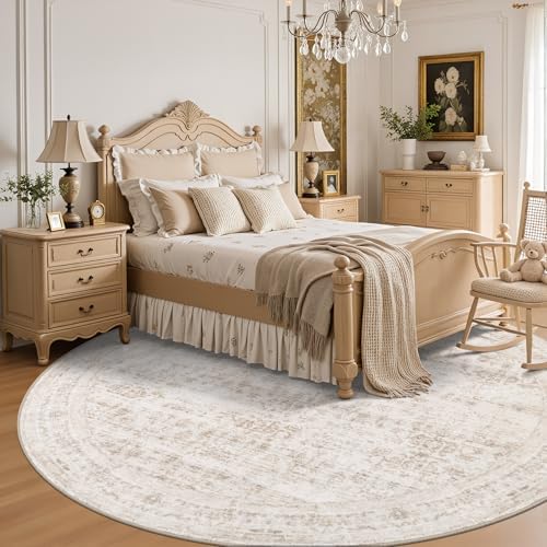 Round Area Rug for Living Room: 4ft Boho Washable Rug Beige Brown