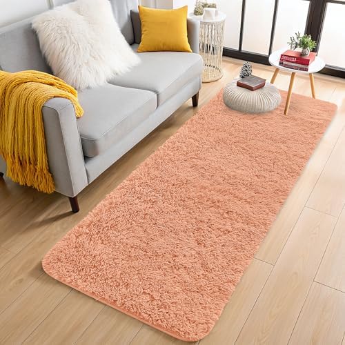 OLANLY 2x6 Machine Washable Runner Rugs for Hallway, Soft Fluffy Shaggy Bedside Rugs for Bedroom, Living Room, Indoor Floor Carpet for Kids Girls and Boys, Home Decor Aesthetic, Muted Orange