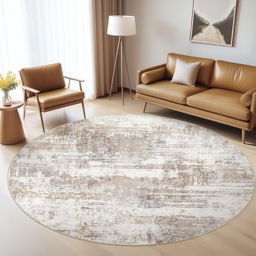 LOONGRUG Round Rug 4x4 Washable Neutral Modern Circle Area Rugs Brown