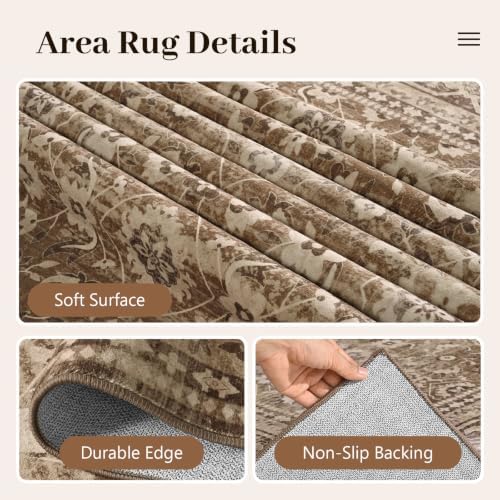6x9 Ft Large Area Rugs for Living Room, Soft Non-Slip Machine Washable Rug, Vintage Stain Resistant Carpets for Bedroom Nursery Dining Room Home Decor (Brown)