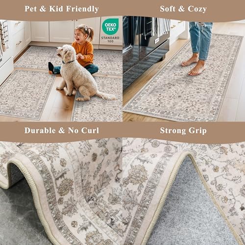 Kitchen Rugs Non-Slip Washable 2 Piece, Modern Boho Low Pile Stain-Resistant Floor Mats Set for Hardwood Floors, Soft Small Decorative Rugs (Beige, 2x3+2x4)