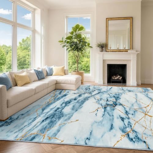 8x10 Washable Non-Slip Area Rug for Living Room (Gold Blue)