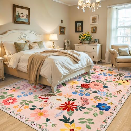 PLHXFR Area Rug Living Room: 4x6 Floral Washable Boho Soft Carpet Beige