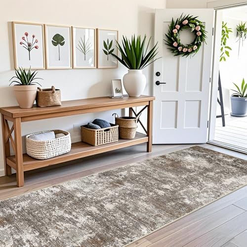 3x10 ft Long Hallway Runner Rug – Non-Slip Washable Kitchen Floor Rug with Rubber Backing, Modern Low Pile Thin Wide Carpet Runners for Bedroom, Entryway Indoor (Brown Beige,3x10)