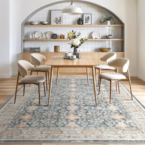 cotiled 9x12 Area Rug for Living Room, Washable, Traditional, Dark Blue