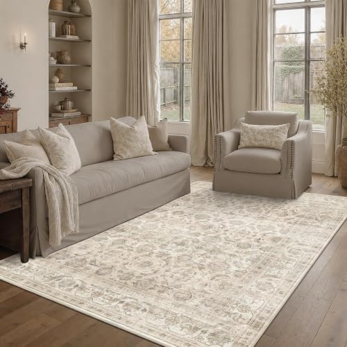 JOOJA 5x7 Beige Neutral Vintage Washable Area Rug, Low Pile Living Room Rug