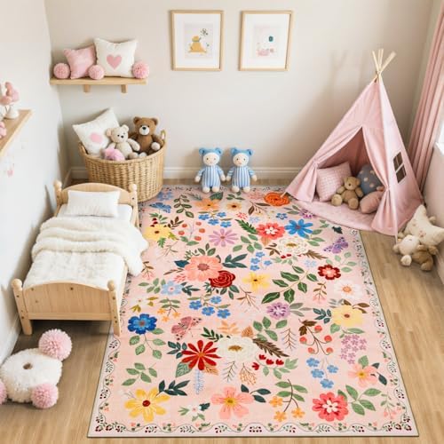 PLHXFR Area Rug Living Room: 4x6 Floral Washable Boho Soft Carpet Beige