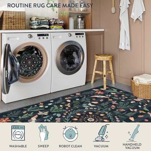 Lahome Washable Insect Botanical 2x4 Runner Rug for Entryway - Machine Washable Non-Slip Hallway Runner Rug, Black Boho Low Profile Soft Faux Wool Kitchen Rug for Bathroom,Bedroom, Hallway