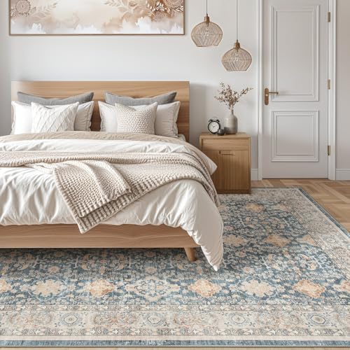 cotiled 10x12 Area Rug for Living Room, Washable, Traditional, Dark Blue