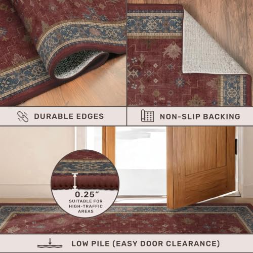 Dark Red 2'6''x6' Wide Hallway Runner Rug - 6ft Long Washable Non Slip Indoor Door Mats for Entryway, Low Pile & Soft Boho Geometric Floral Pattern Burgundy Area Rug