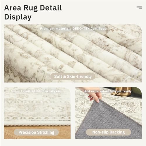 Soalmost 5x8 Area Rug Low Pile Washable Trendy Faded Style Rug, Beige/Brown