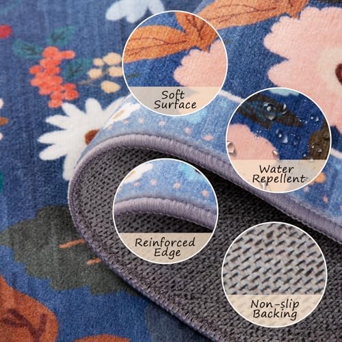 RELEANY Floral 5x7 Area Rug Machine Washable Soft Print Boho Carpet Non Slip Doormat Low Pile Flower Area Rugs for Living Room Bedroom Nursery Kitchen Dining Room Indoor-Blue/Grey