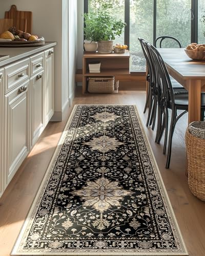 RELEANY Washable Area Rug, Runner 2'x8', Black/Neutral