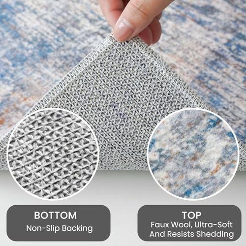 IOHOUZE Abstract Runner Rug 3x7 Ft Washable Runners for Hallways, Non Slip Kitchen Runner Printed Faux Wool Entryway Runner Indoor, Modern Abstract Floor Carpet for Hall Kitchen Bedroom, Blue Rust