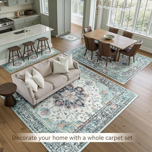RELEANY Washable Area Rug, 6'x9', Teal Green/White/Navy