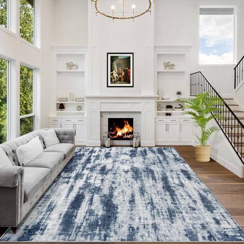8x10 Area Rugs for Living Room: Washable Abstract Blue Grey Bedroom Carpet