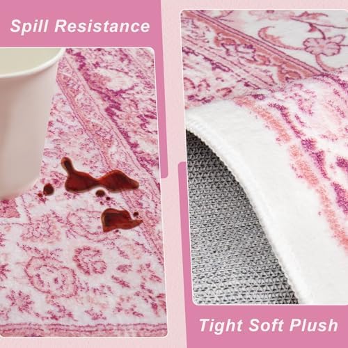 Macgace Washable Vintage Area Rug for Entryway, 2x3 Small Rugs Bright Pink