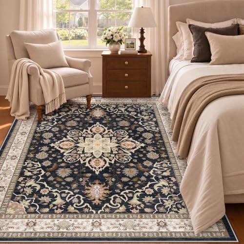 5x7 Area Rugs for Living Room: Washable Vintage Floral Rug Low Pile Non-Slip Boho Carpet for Nursery Bedroom Dining Room (Black, 5'x7')