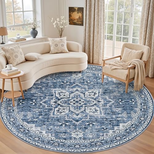 Round Area Rug for Living Room: 6ft Washable Rug for Bedroom Blue
