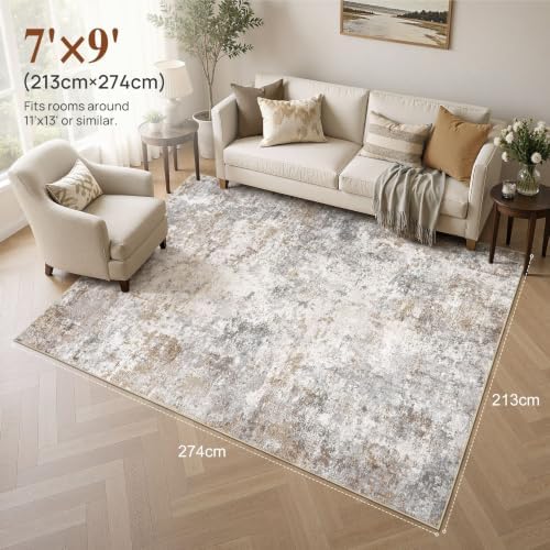 UERMEI 7x9 Area Rug Living Room Rugs - Washable Neutral Modern Abstract Soft Thin Large Rug Indoor Floor No Slip Rug Carpet for Bedroom Under Dining Table Home Office Decor - Brown Grey