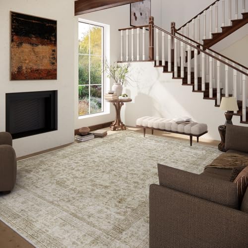 10x14 Area Rug Washable Rugs: Large Living Room Rug Stain Resistant Non Slip Distressed Vintage Low Pile Faux Wool Soft Carpet for Bedroom Farmhouse Dining Room Kids Playroom Nursery