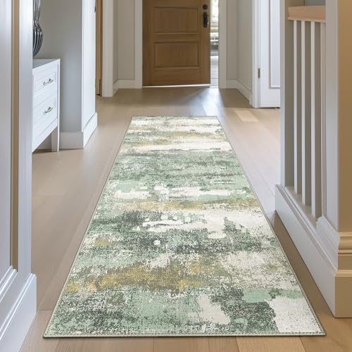 BEIMO 2x12 Green Abstract Runner Rug, Washable Non-Slip for Hallway
