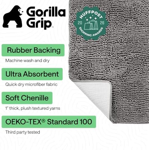 GORILLA GRIP Bath Rug Mat for Bathroom, Absorbent Chenille, 48x24 Gray