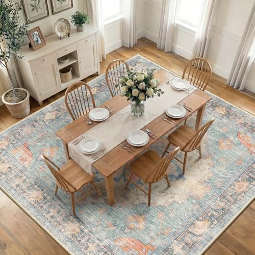 RELEANY Washable Area Rug, Square 10'x10', Blue/Orange/Red