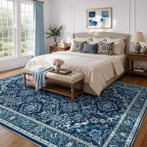 Lessymo Floral 8x10 Area Rugs for Living Room,Large Washable Carpet Blue