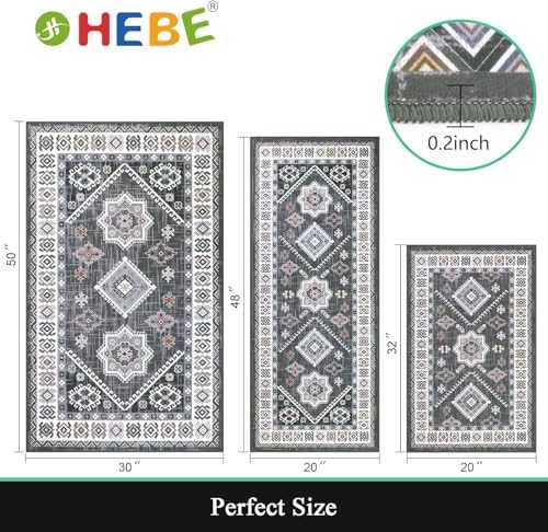 HEBE Boho Kitchen Rugs Set of 3, Non Slip Washable Kitchen Mats for Floor