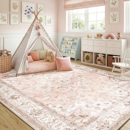 CAPALOCA 9x12 Washable Nursery Girls Low Pile Area Rug Pink