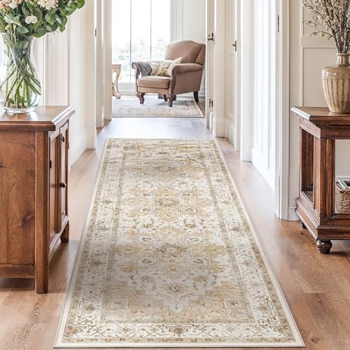 Amada 2'6" x 8' Washable Runner Rug for Hallway, Beige, Vintage Style