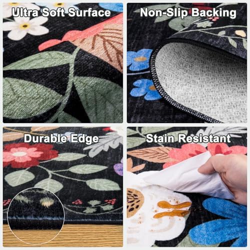 PLHXFR Round Area Rug Living Room: 4 ft Floral Washable Soft Carpet Black