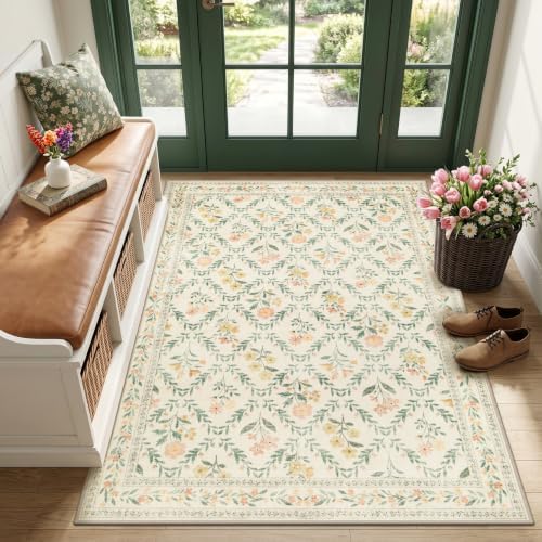 PLHXFR Area Rug Living Room: 3x5 Floral Washable Boho Carpet Beige Multi