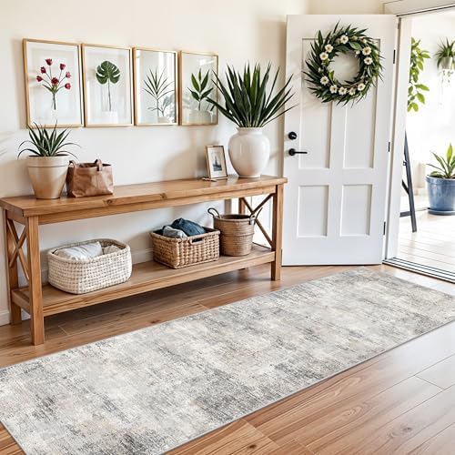 2x8 Washable Hallway Runner Rug – Non-Slip Modern Abstract Neutral Low-Pile Stain-Resistant Carpet Runner for Kitchen Entryway Bedroom Bathroom (Gray Beige,2x8)