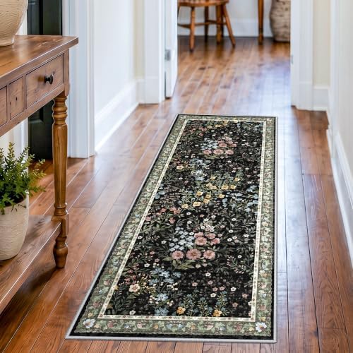 Washable Kitchen Runner Rug 2x5: Vintage Floral Rug for Kitchen Entryway - Machine Washable Non Slip Low Pile Carpet - Soft Foldable Runner for Everyday Family Use - 2'x5' Black