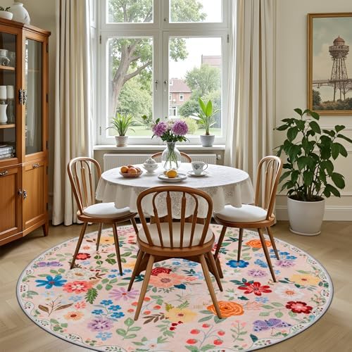 PLHXFR Round Area Rug Living Room: 6 ft Floral Washable Soft Carpet Beige