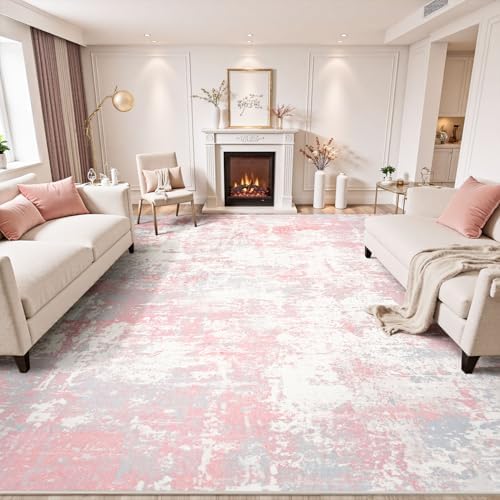 Rugflix 9x12 Area Rugs for Bedroom, Washable Pink Large Rug
