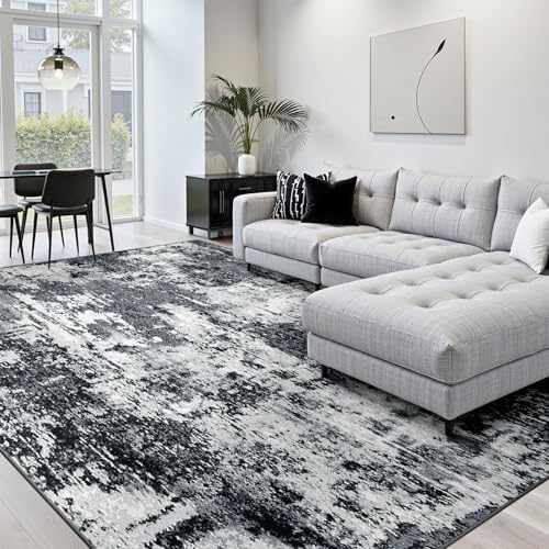 RELEANY Washable 8'x10' Abstract Area Rug for Living Room Black White