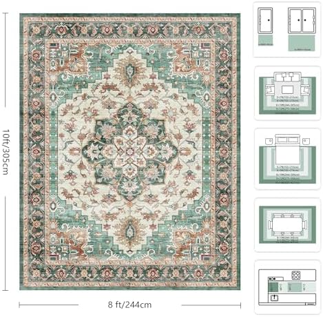 8x10 Area Rugs for Living Room - Washable Rug Vintage Distress Boho Medallion Rugs for Bedroom, Soft Non-Slip Backing Low Pile Carpet for Dining Room Office Nursery Dorm Home, Green Brown