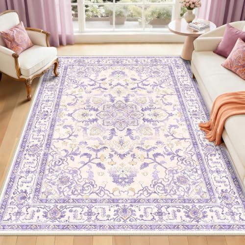 CAPALOCA 6x9 Washable Nursery Girls Low Pile Area Rug Purple Beige