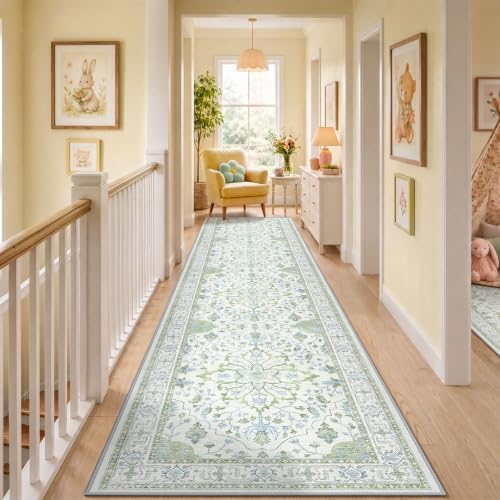 RELEANY Washable Area Rug, Runner 3'x12', Green/White/Blue