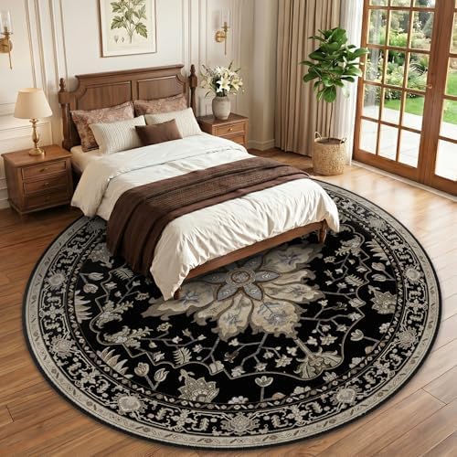 RELEANY Washable Area Rug, Round 10ft, Black/Neutral