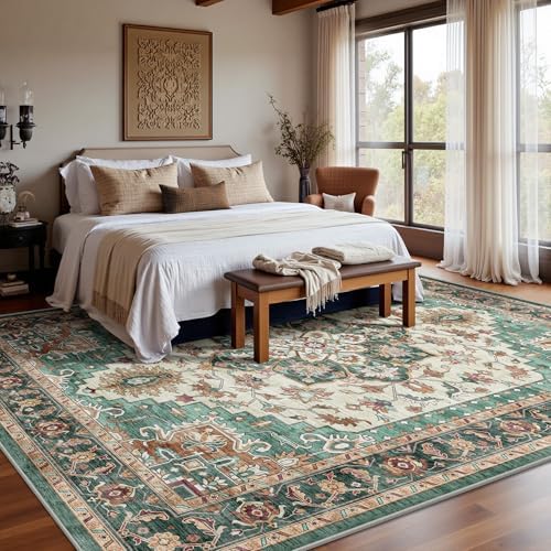 8x10 Area Rugs for Living Room - Washable Rug Vintage Distress Boho Medallion Rugs for Bedroom, Soft Non-Slip Backing Low Pile Carpet for Dining Room Office Nursery Dorm Home, Green Brown