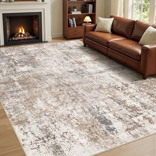 UERMEI 8x10 Washable Area Rug - Neutral Modern Abstract Living Room Rugs, Non-Slip Soft Large Indoor Floor Carpet for Bedroom Home Office & Under Dining Table Decor, Brown/Grey/Red