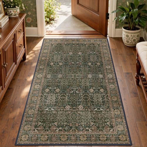 Bavni 3x5 Washable Area Rug for Living Room, Dark Green Brown